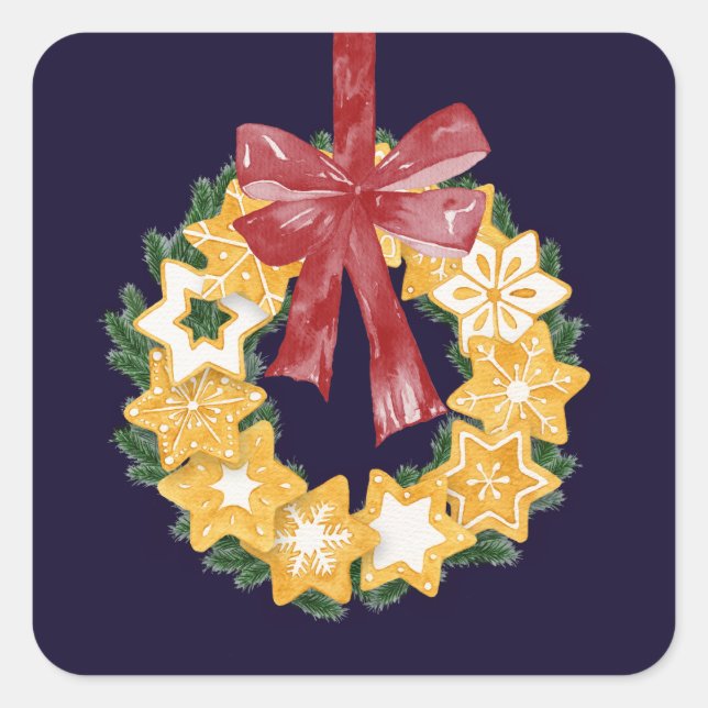 Christmas Cookie Wreath with Navy Blue Background Square Sticker (Front)