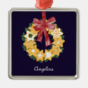 Christmas Cookie Wreath with Navy BlueBackground Metal Ornament
