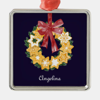 Christmas Cookie Wreath with Navy BlueBackground Metal Ornament