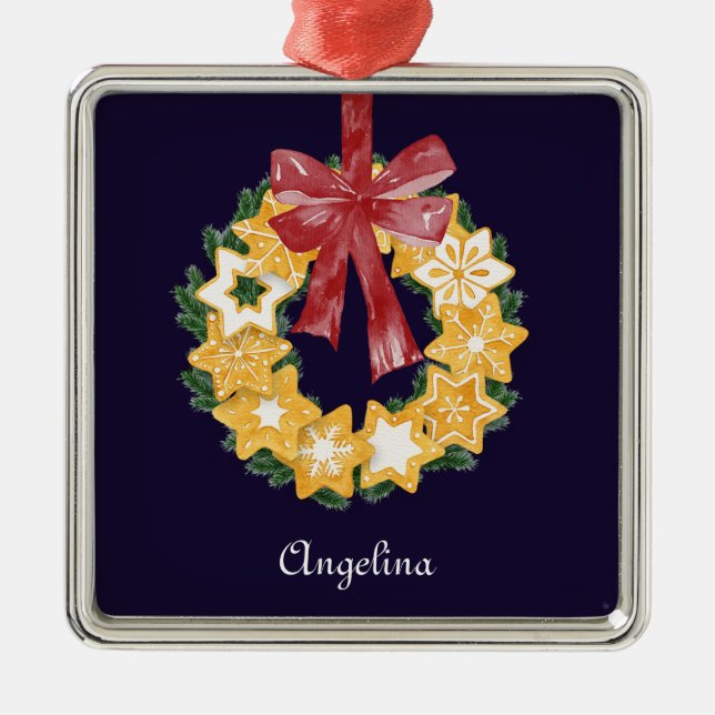 Christmas Cookie Wreath with Navy BlueBackground Metal Ornament (Front)