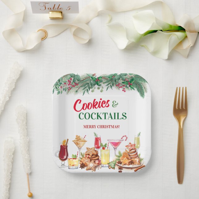 Christmas Cookies and Cocktails Holiday Party Paper Plates (Wedding)