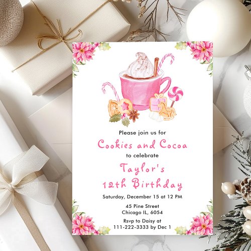 Christmas Cookies and Cocoa Birthday Party Pink Invitation