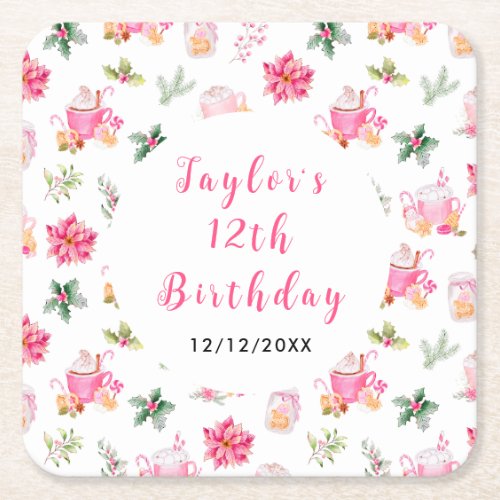 Christmas Cookies and Cocoa Birthday Party Pink Square Paper Coaster