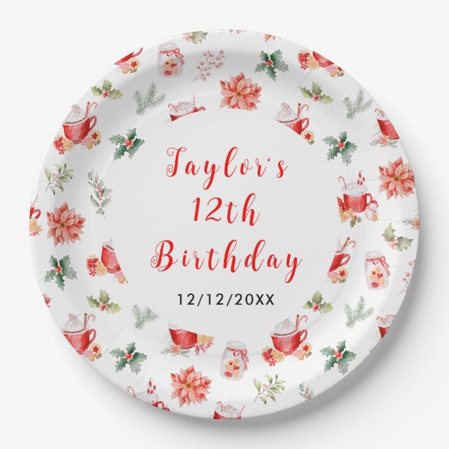 Christmas Cookies and Cocoa Birthday Party Red Paper Plates (Front)