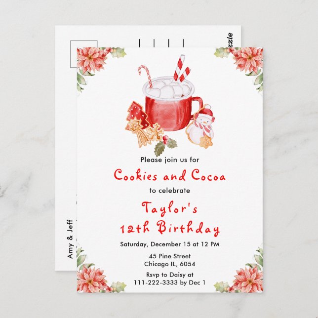 Christmas Cookies and Cocoa Birthday Party Red Postcard (Front/Back)
