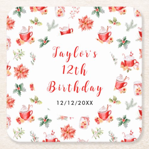 Christmas Cookies and Cocoa Birthday Party Red Square Paper Coaster