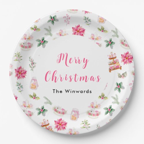 Christmas Cookies and Foliage Pink Paper Plates