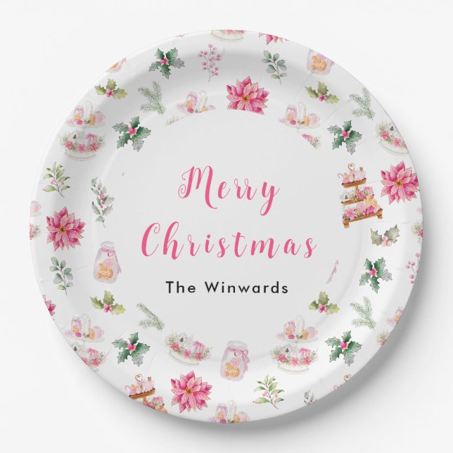 Christmas Cookies and Foliage Pink Paper Plates (Front)