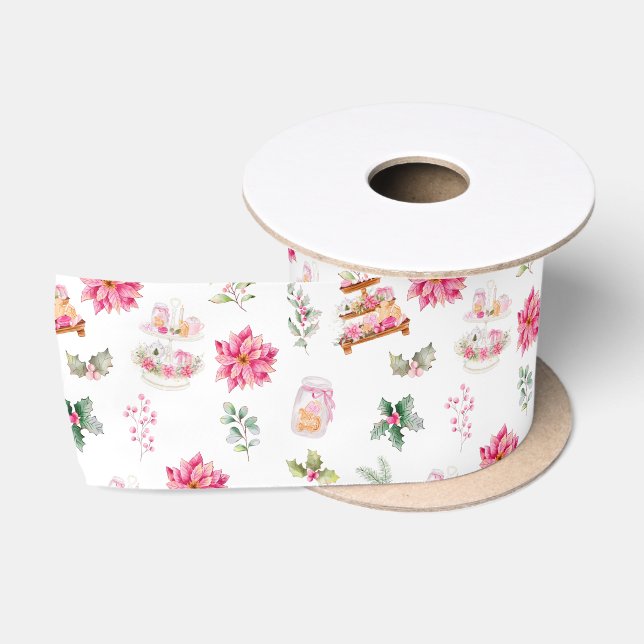 Christmas Cookies and Foliage Pink Satin Ribbon (Spool)