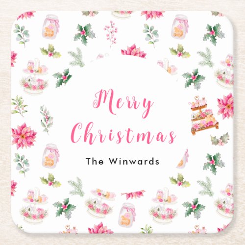 Christmas Cookies and Foliage Pink Square Paper Coaster