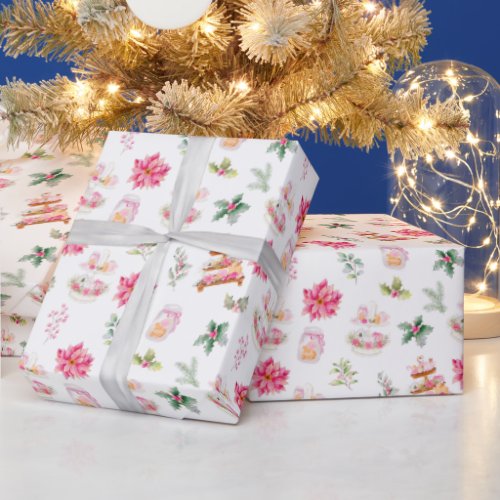 Christmas Cookies and Foliage Pink Wrapping Paper