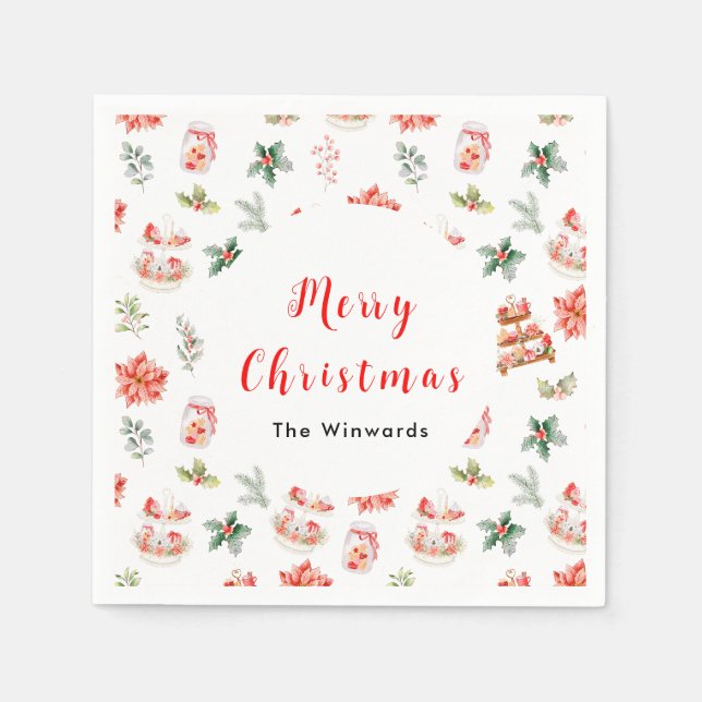 Christmas Cookies and Foliage Red Napkins (Front)