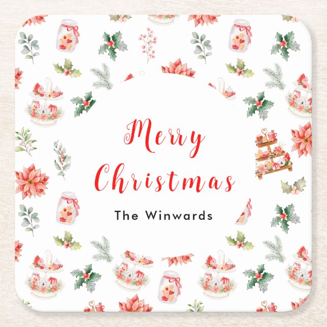 Christmas Cookies and Foliage Red Square Paper Coaster (Front)