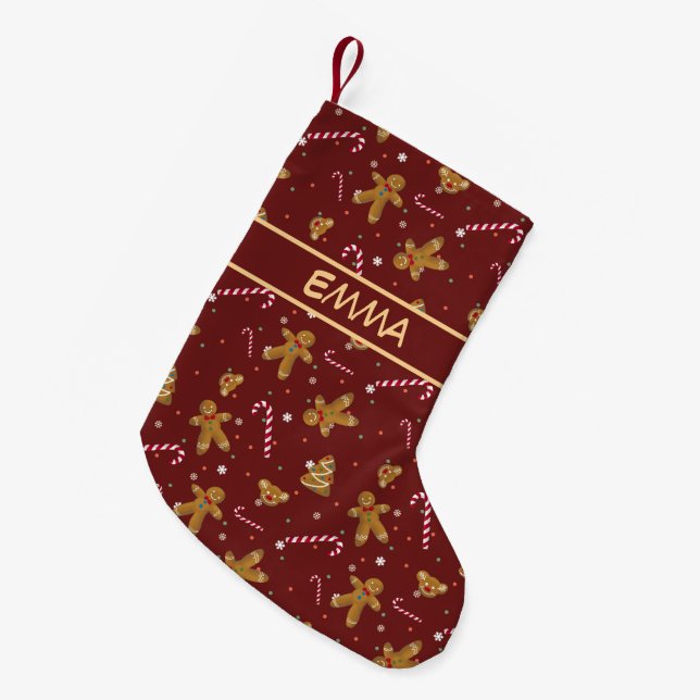 Christmas cookies and gingerbread men on maroon. small christmas stocking (Front (Hanging))