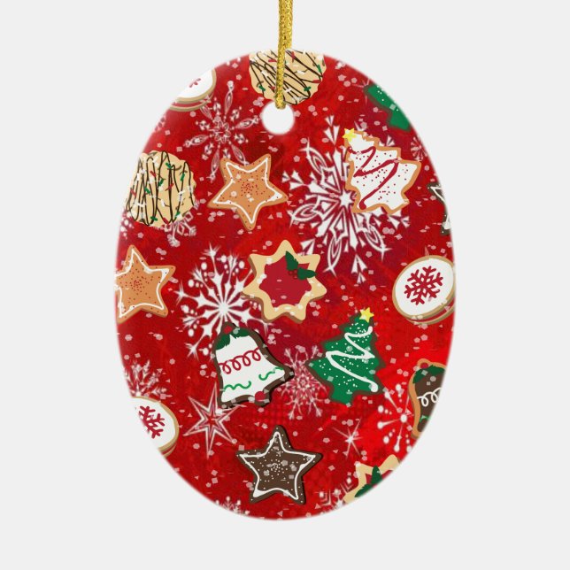 Christmas Cookies and Snowflakes on Red Ceramic Ornament (Front)