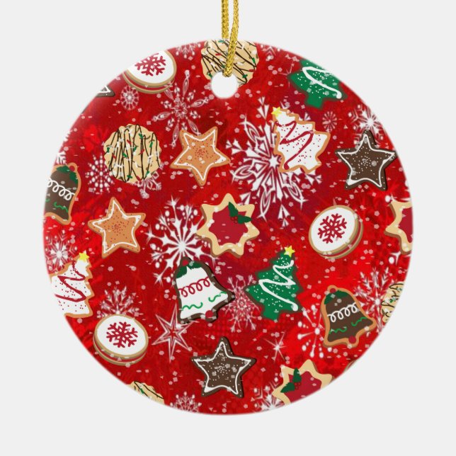 Christmas Cookies and Snowflakes on Red Ceramic Ornament (Front)