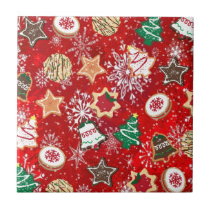 Christmas Cookies and Snowflakes on Red Ceramic Tile