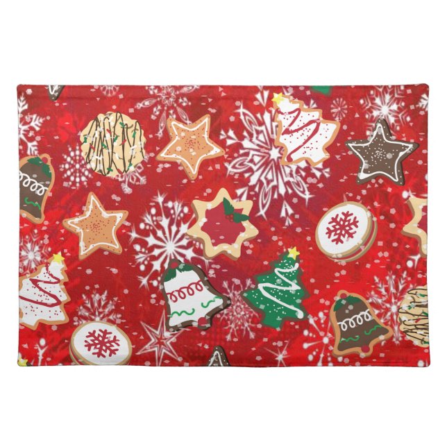 Christmas Cookies and Snowflakes on Red Cloth Placemat (Front)