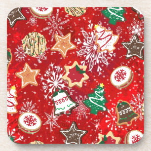 Christmas Cookies and Snowflakes on Red Coaster