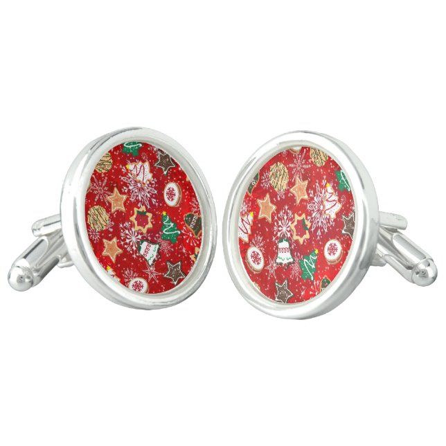 Christmas Cookies and Snowflakes on Red Cufflinks (Angled)