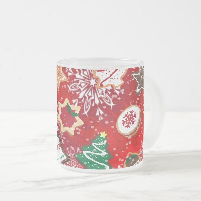 Christmas Cookies and Snowflakes on Red Frosted Glass Coffee Mug (Front Right)
