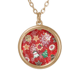 Christmas Cookies and Snowflakes on Red Gold Plated Necklace