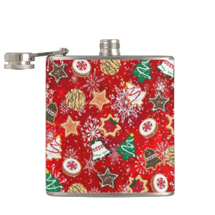 Christmas Cookies and Snowflakes on Red Hip Flask