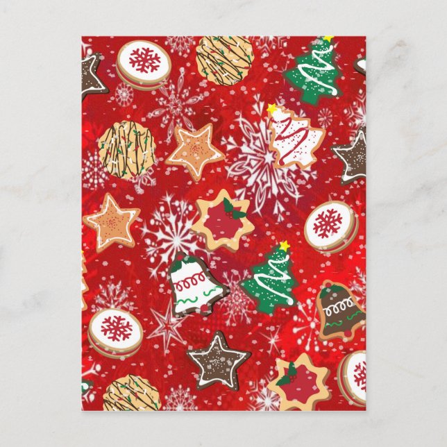 Christmas Cookies and Snowflakes on Red Holiday Postcard (Front)