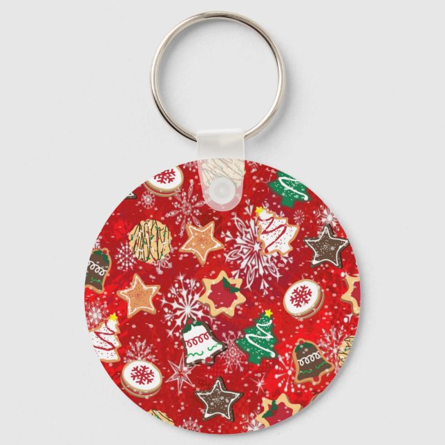 Christmas Cookies and Snowflakes on Red Keychain (Front)