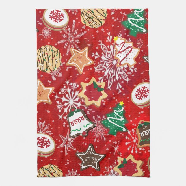 Christmas Cookies and Snowflakes on Red Kitchen Towel (Vertical)