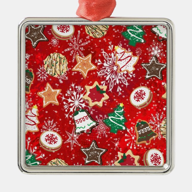 Christmas Cookies and Snowflakes on Red Metal Ornament (Front)