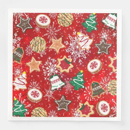 Christmas Cookies and Snowflakes on Red Paper Dinner Napkins