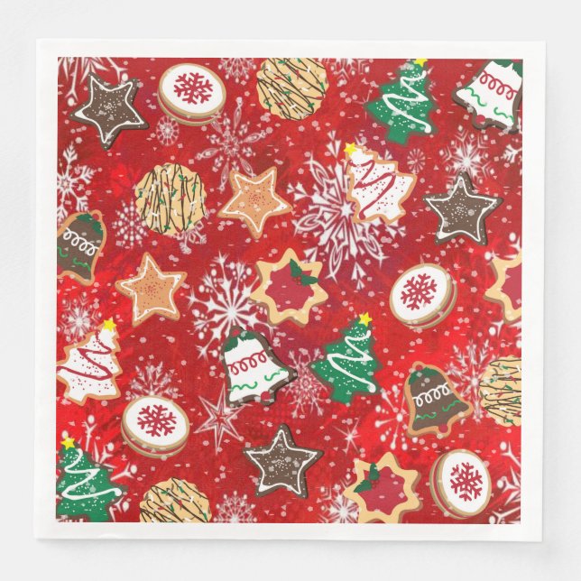 Christmas Cookies and Snowflakes on Red Paper Dinner Napkins (Front)