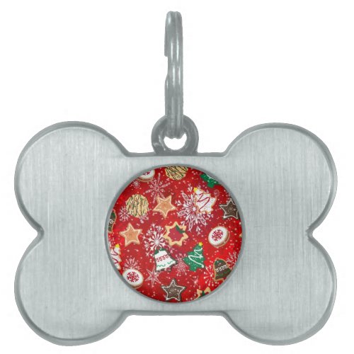 Christmas Cookies and Snowflakes on Red Pet Name Tag