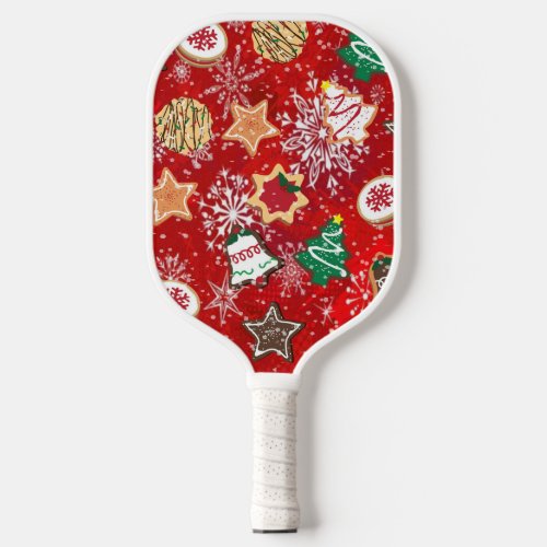 Christmas Cookies and Snowflakes on Red Pickleball Paddle