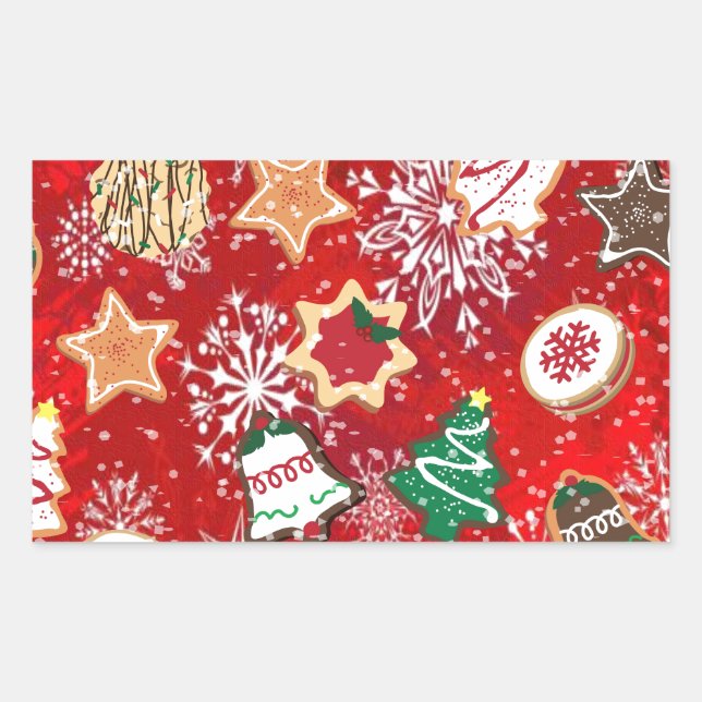 Christmas Cookies and Snowflakes on Red Rectangular Sticker (Front)