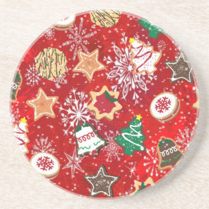 Christmas Cookies and Snowflakes on Red Sandstone Coaster
