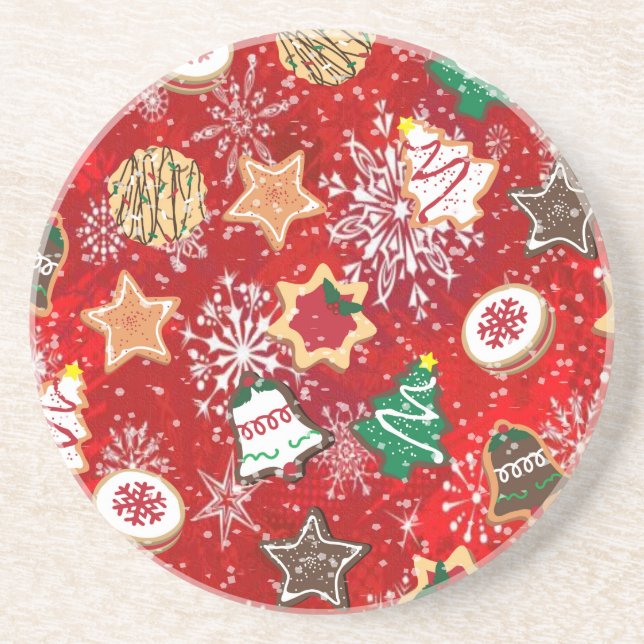 Christmas Cookies and Snowflakes on Red Sandstone Coaster (Front)