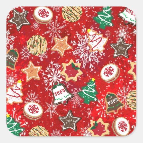 Christmas Cookies and Snowflakes on Red Square Sticker