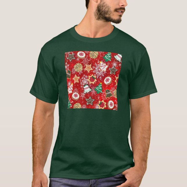 Christmas Cookies and Snowflakes on Red T-Shirt (Front)
