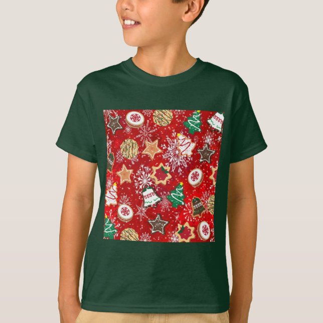 Christmas Cookies and Snowflakes on Red T-Shirt (Front)