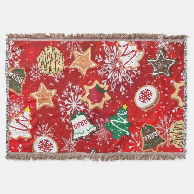 Christmas Cookies and Snowflakes on Red Throw Blanket (Front)