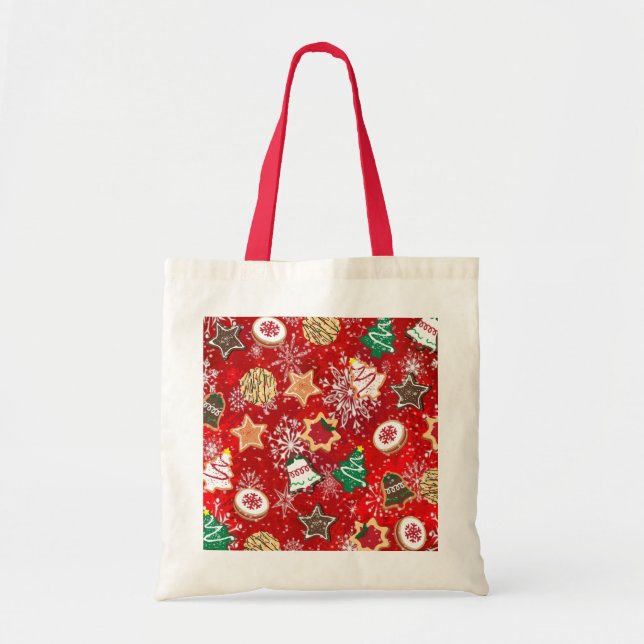 Christmas Cookies and Snowflakes on Red Tote Bag (Front)