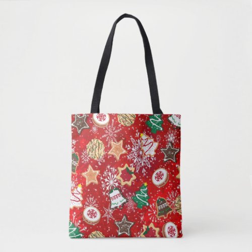 Christmas Cookies and Snowflakes on Red Tote Bag