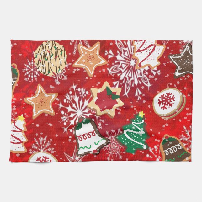 Christmas Cookies and Snowflakes on Red Towel (Horizontal)