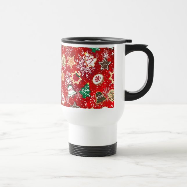 Christmas Cookies and Snowflakes on Red Travel Mug (Right)