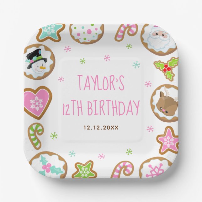 Christmas Cookies Birthday Party Pink and Green Paper Plates (Front)