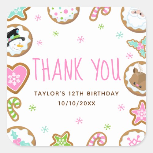 Christmas Cookies Birthday Party Pink Thank You Square Sticker