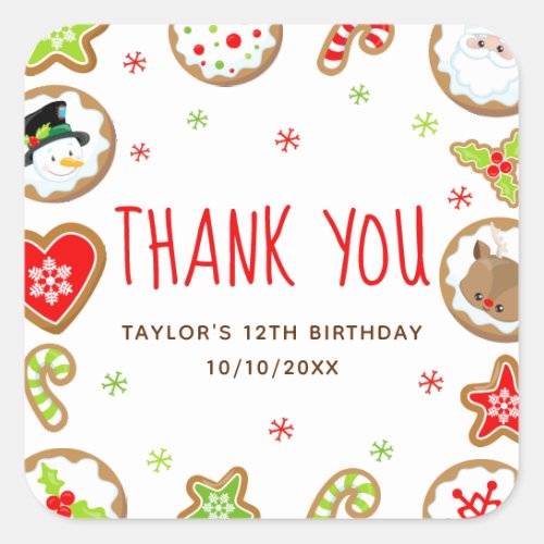 Christmas Cookies Birthday Party Red Thank You Square Sticker