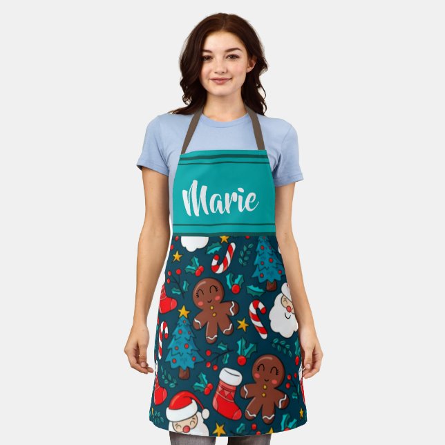 Christmas Cookies Cute Festive Pattern With Name Apron (Worn)